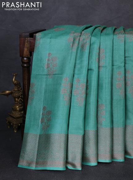 Banarasi tussar silk saree teal blue with allover woven buttas and woven border