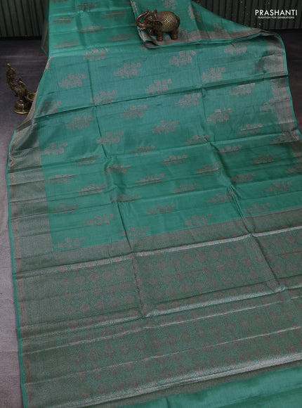 Banarasi tussar silk saree teal blue with allover woven buttas and woven border