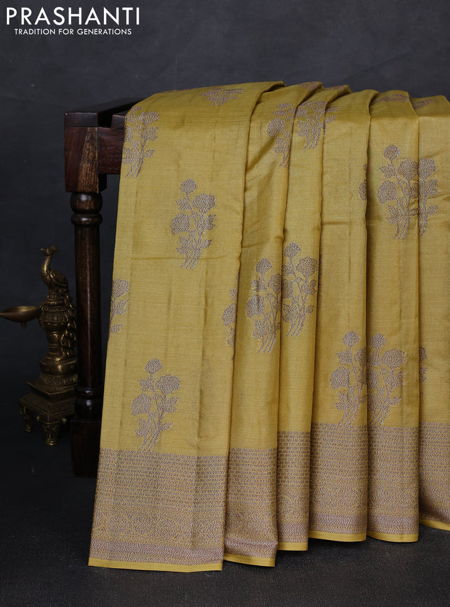 Banarasi tussar silk saree lime yellow with allover woven buttas and woven border