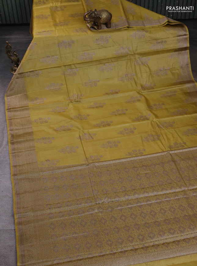 Banarasi tussar silk saree lime yellow with allover woven buttas and woven border