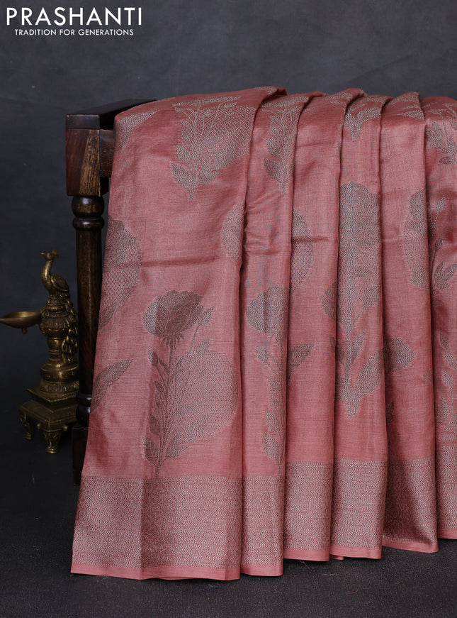Banarasi tussar silk saree pastel peach with allover woven buttas and woven border
