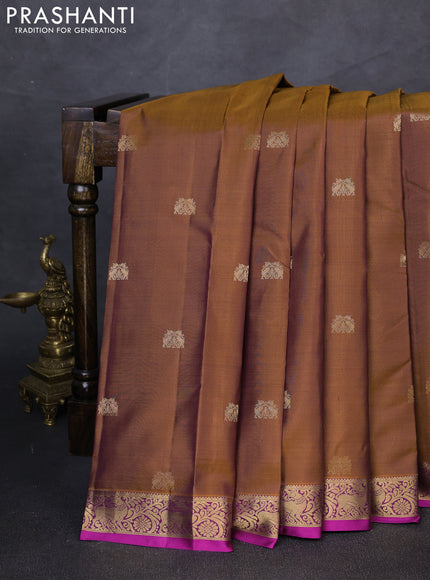 Pure kanchipuram silk saree beown and purple with zari woven buttas and zari woven border