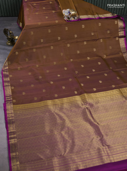 Pure kanchipuram silk saree beown and purple with zari woven buttas and zari woven border