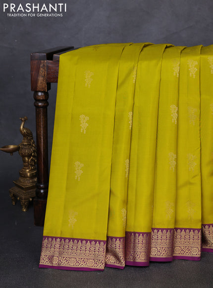 Pure kanchipuram silk saree lime green and purple with zari woven buttas and zari woven border