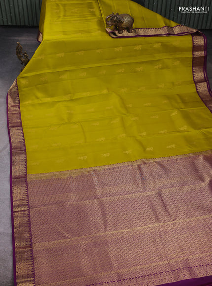 Pure kanchipuram silk saree lime green and purple with zari woven buttas and zari woven border