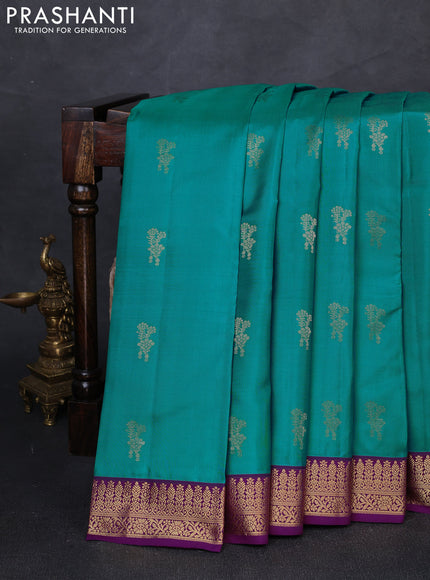 Pure kanchipuram silk saree teal green shade and purple with zari woven buttas and zari woven border