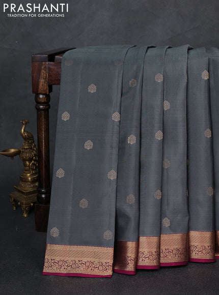 Pure kanchipuram silk saree grey and dark magenta with zari woven buttas and zari woven border