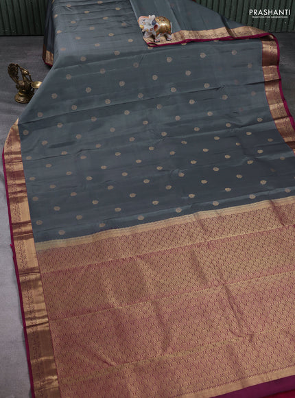 Pure kanchipuram silk saree grey and dark magenta with zari woven buttas and zari woven border
