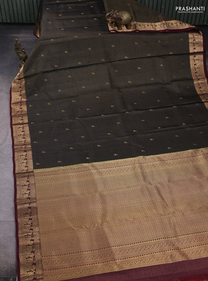 Pure kanchipuram silk saree black and wine shade with allover vairaosi pattern & zari buttas and rich zari woven border