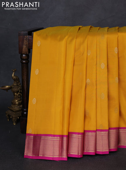 Pure kanchipuram silk saree mustard yellow and pink with zari woven buttas and ari woven border