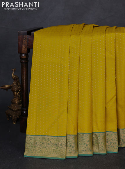 Pure kanchipuram silk saree lime yellow and teal shade with allover zari woven 1000 butta weaves and zari woven border