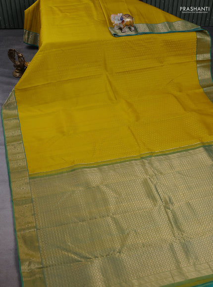Pure kanchipuram silk saree lime yellow and teal shade with allover zari woven 1000 butta weaves and zari woven border