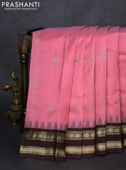 Pure kanchipuram silk saree peach pink and brown with zari woven buttas and temple design zari woven border