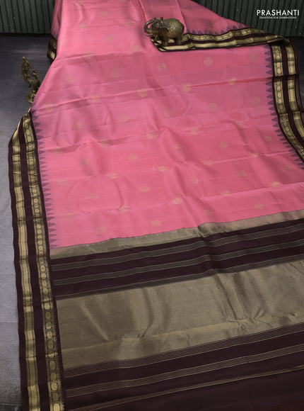 Pure kanchipuram silk saree peach pink and brown with zari woven buttas and temple design zari woven border
