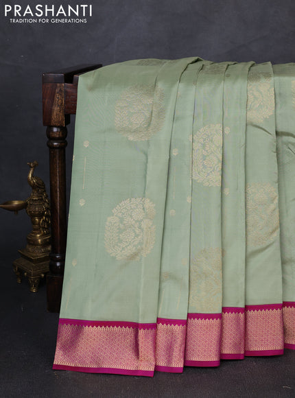 Pure kanchipuram silk saree pastel green and pink with zari woven buttas and zari woven korvai border