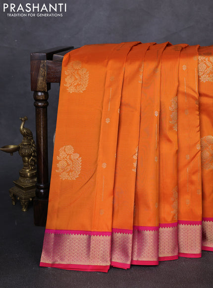 Pure kanchipuram silk saree orange and reddish pink with zari woven buttas and zari woven korvai border