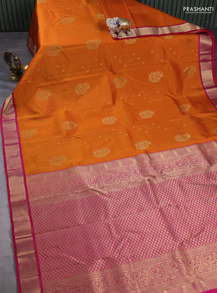 Pure kanchipuram silk saree orange and reddish pink with zari woven buttas and zari woven korvai border