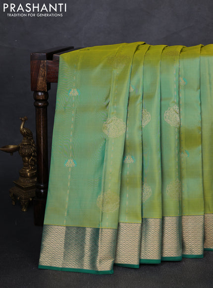 Pure kanchipuram silk saree dual shade of light green and teal green with zari woven buttas and zari woven border
