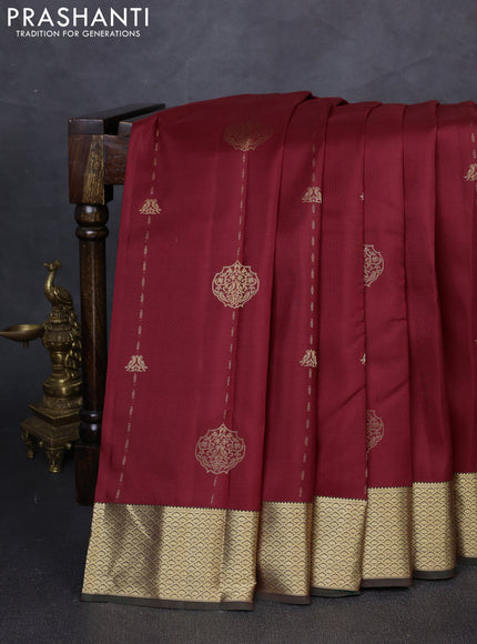 Pure kanchipuram silk saree maroon and manthulir green with zari woven buttas and zari woven border