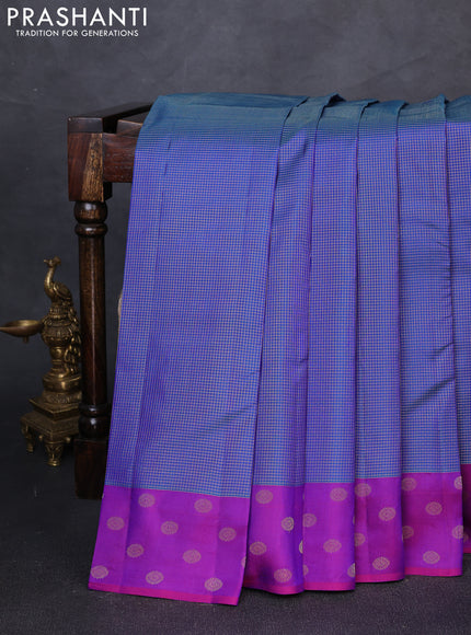 Pure kanchipuram silk saree peacock blue and purple with allover zari woven small zari checked pattern and zari woven butta border