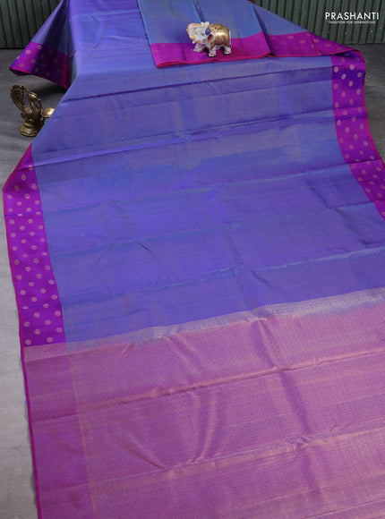 Pure kanchipuram silk saree peacock blue and purple with allover zari woven small zari checked pattern and zari woven butta border