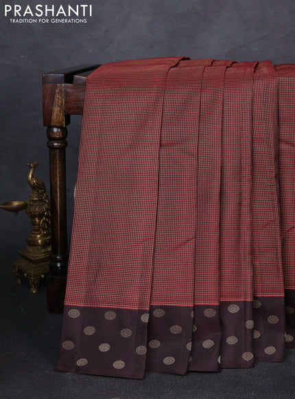 Pure kanchipuram silk saree deep maroon and coffee brown with allover zari woven small zari checked pattern and zari woven butta border
