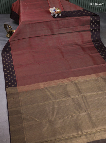 Pure kanchipuram silk saree deep maroon and coffee brown with allover zari woven small zari checked pattern and zari woven butta border