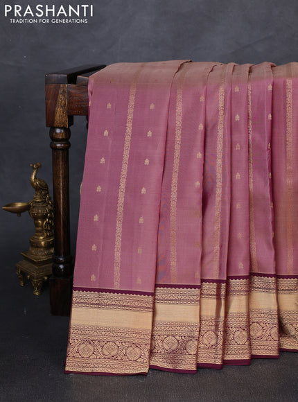 Pure kanchipuram silk saree pink shade and deep purple with allover zari weaves and zari woven border