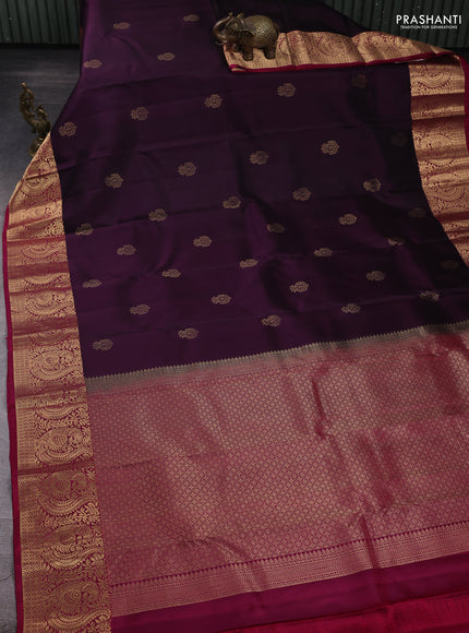 Pure kanchipuram silk saree deep jamun and dark pink with zari woven buttas and zari woven border