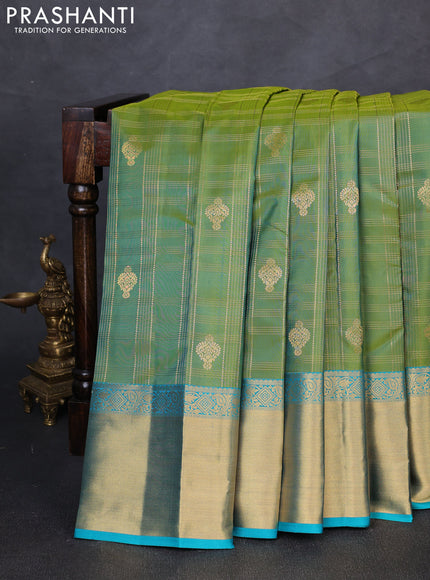 Pure kanchipuram silk saree light green and teal blue with allover zari checked pattern & buttas and zari woven border