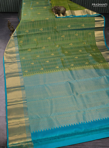 Pure kanchipuram silk saree light green and teal blue with allover zari checked pattern & buttas and zari woven border