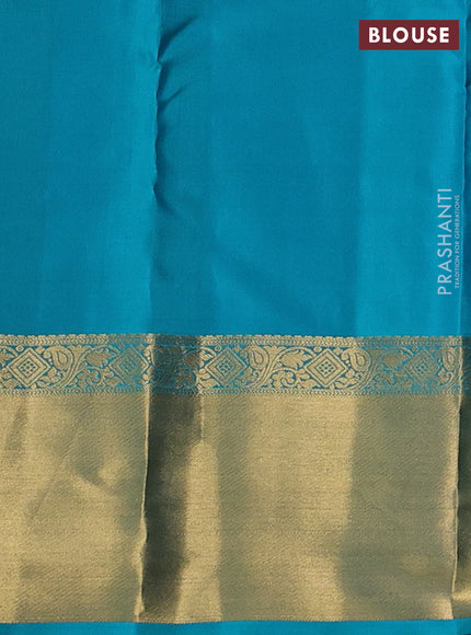Pure kanchipuram silk saree light green and teal blue with allover zari checked pattern & buttas and zari woven border