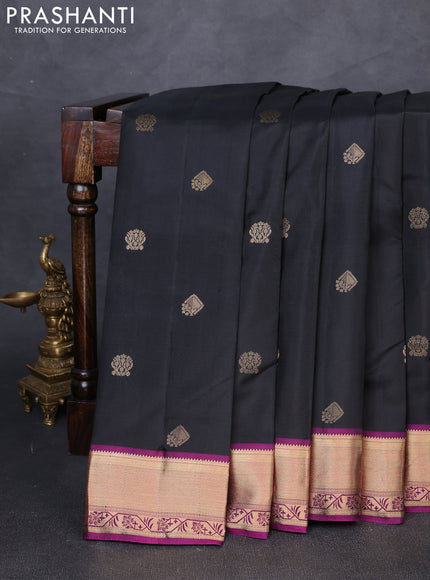 Pure kanchipuram silk saree black and purple with zari woven buttas and zari woven border