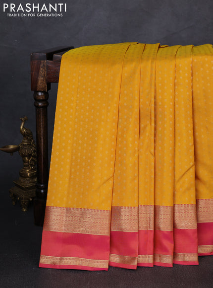 Pure kanchipuram silk saree Mustard yellow and dual shade of pink with allover zari woven 1000 buttas and rettapet zari woven border