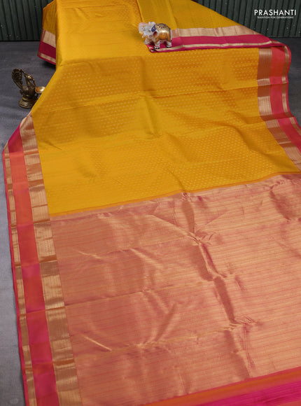 Pure kanchipuram silk saree Mustard yellow and dual shade of pink with allover zari woven 1000 buttas and rettapet zari woven border