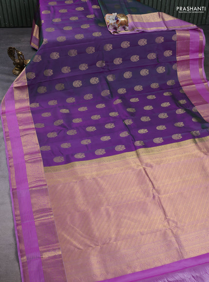 Pure kanchipuram silk saree dual shade of greenish purple and lavender with annam zari woven buttas and zari woven border