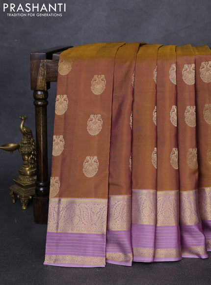 Pure kanchipuram silk saree dark mustard and lavender with annam zari woven buttas and zari woven border
