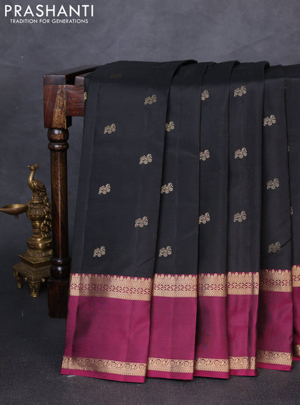 Pure kanchipuram silk saree black and dark magenta pink with zari woven buttas and rettapet zari woven border