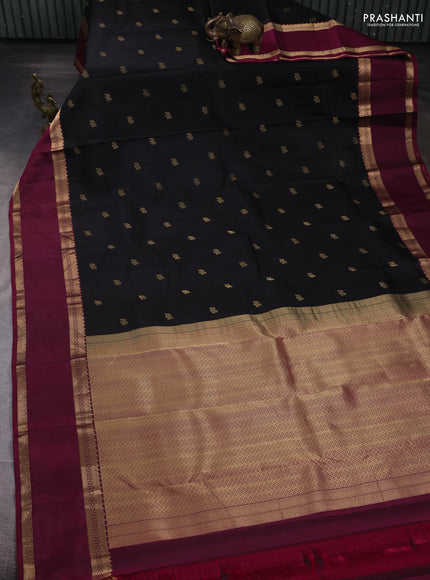 Pure kanchipuram silk saree black and dark magenta pink with zari woven buttas and rettapet zari woven border