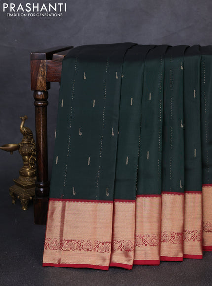 Pure kanchipuram silk saree bottle green and maroon with zari woven buttas and zari woven border