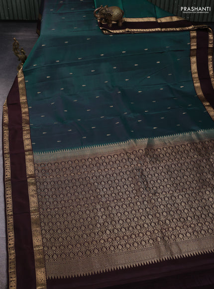 Pure kanchipuram silk saree peacock green and coffee brown with zari woven buttas and rettapet zari woven border