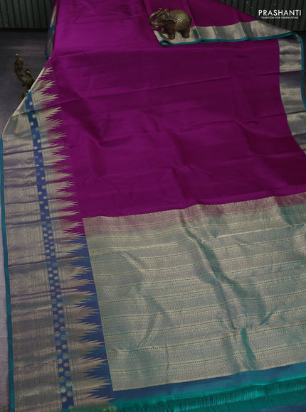 Pure kanchipuram silk saree purple and teal green with plain body and temple design zari woven border
