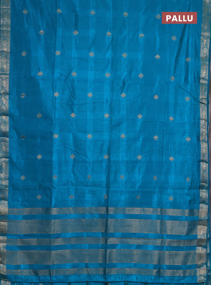 Semi raw silk saree teal blue with allover self emboss & zari buttas and zari woven border