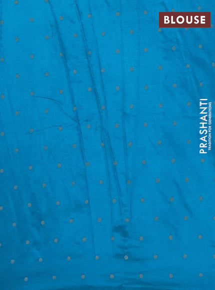 Semi raw silk saree teal blue with allover self emboss & zari buttas and zari woven border