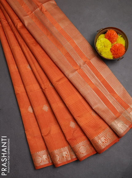 Semi raw silk saree orange with allover self emboss & zari buttas and zari woven border