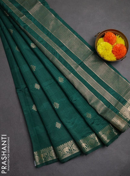 Semi raw silk saree green with allover self emboss & zari buttas and zari woven border