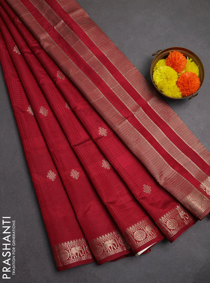 Semi raw silk saree maroon with allover self emboss & zari buttas and zari woven border