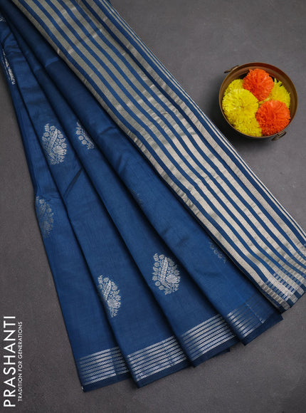 Semi raw silk saree cs blue with silver zari woven buttas and zari woven border