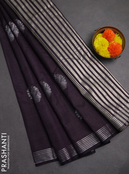 Semi raw silk saree deep jamun with silver zari woven buttas and zari woven border