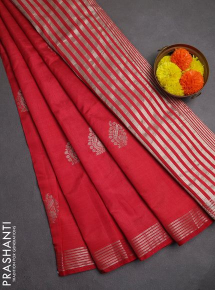Semi raw silk saree red with silver zari woven buttas and zari woven border
